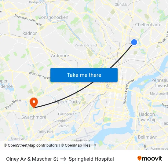 Olney Av & Mascher St to Springfield Hospital map