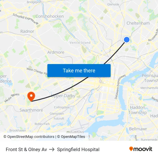 Front St & Olney Av to Springfield Hospital map