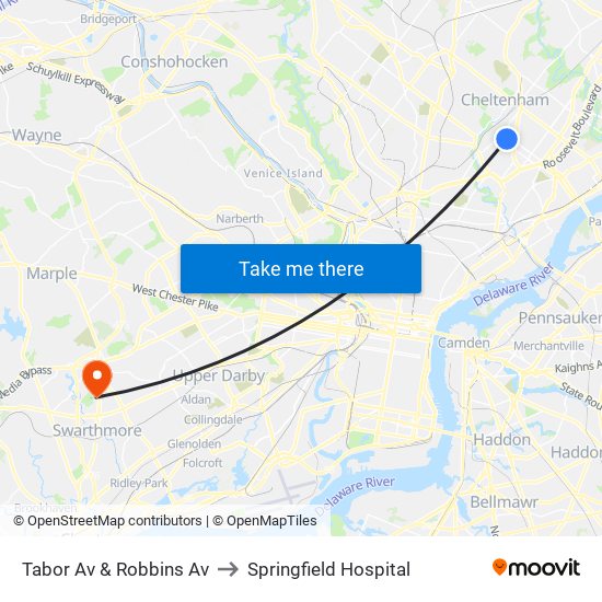 Tabor Av & Robbins Av to Springfield Hospital map