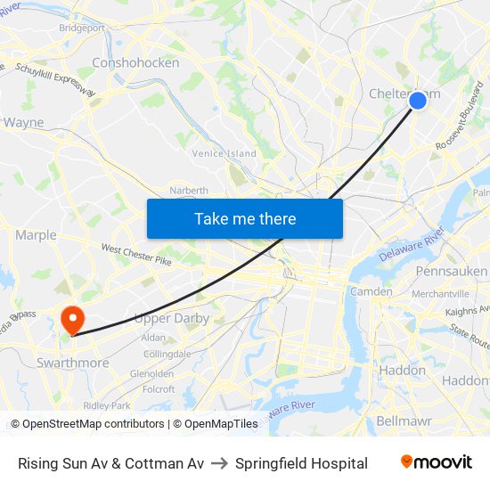 Rising Sun Av & Cottman Av to Springfield Hospital map