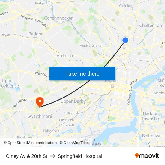 Olney Av & 20th St to Springfield Hospital map