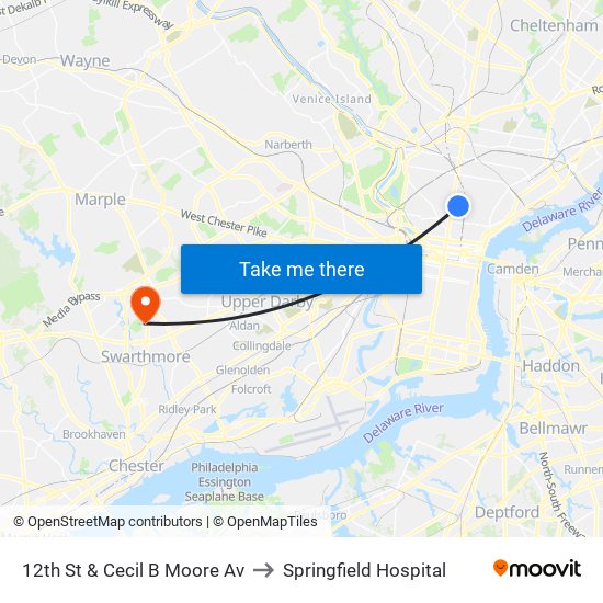 12th St & Cecil B Moore Av to Springfield Hospital map