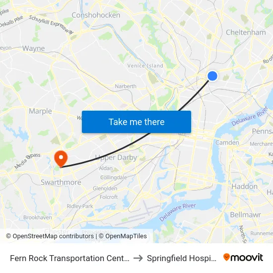 Fern Rock Transportation Center to Springfield Hospital map