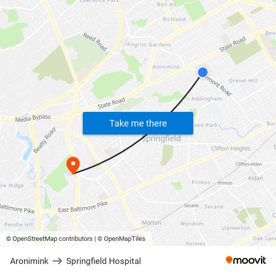 Aronimink to Springfield Hospital map