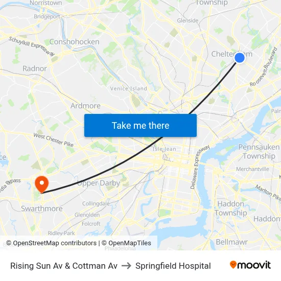 Rising Sun Av & Cottman Av to Springfield Hospital map