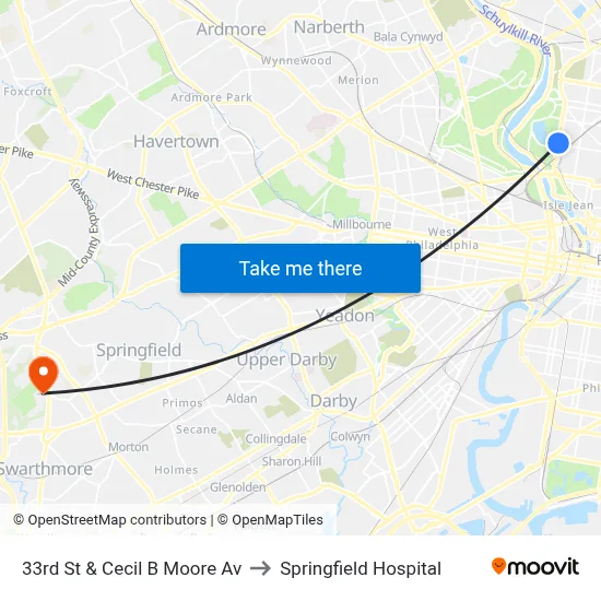 33rd St & Cecil B Moore Av to Springfield Hospital map