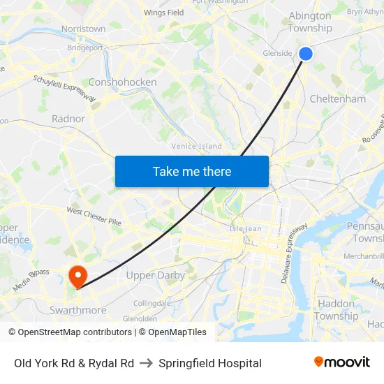 Old York Rd & Rydal Rd to Springfield Hospital map