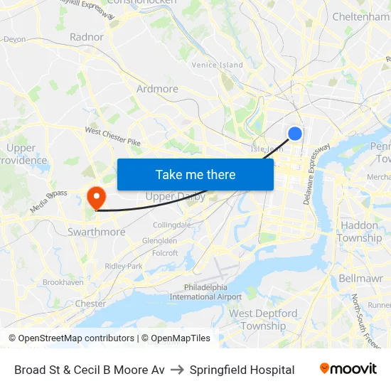 Broad St & Cecil B Moore Av to Springfield Hospital map