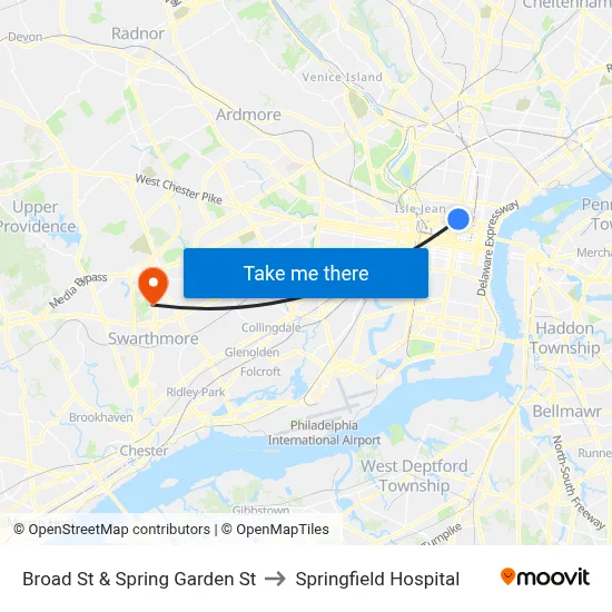 Broad St & Spring Garden St to Springfield Hospital map