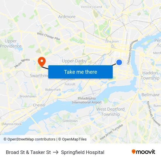 Broad St & Tasker St to Springfield Hospital map