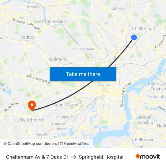 Cheltenham Av & 7 Oaks Dr to Springfield Hospital map