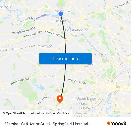 Marshall St & Astor St to Springfield Hospital map