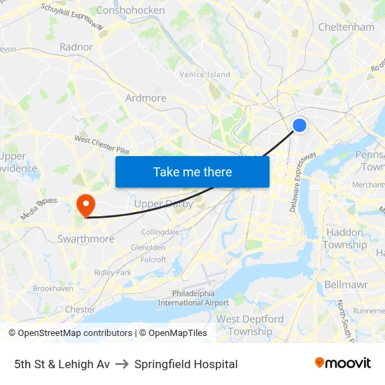 5th St & Lehigh Av to Springfield Hospital map