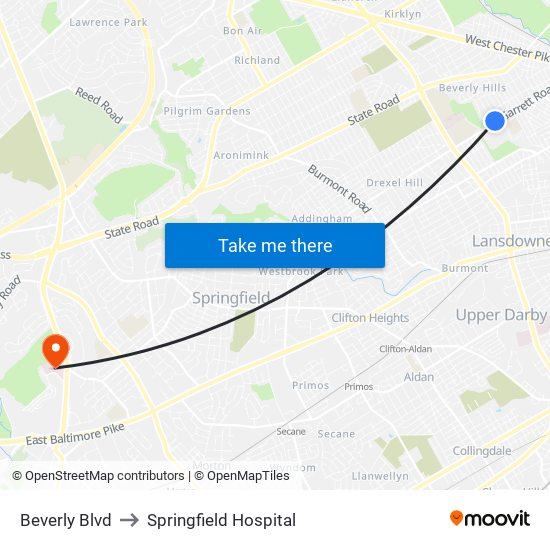 Beverly Blvd to Springfield Hospital map