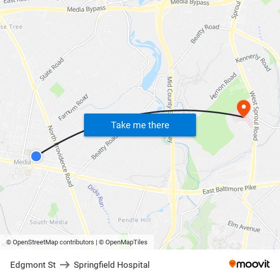 Edgmont St to Springfield Hospital map