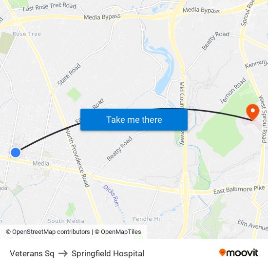 Veterans Sq to Springfield Hospital map