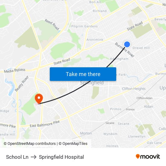 School Ln to Springfield Hospital map
