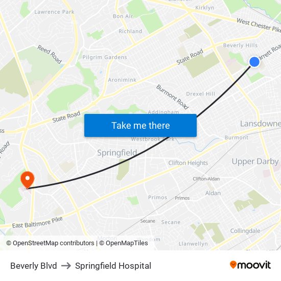 Beverly Blvd to Springfield Hospital map