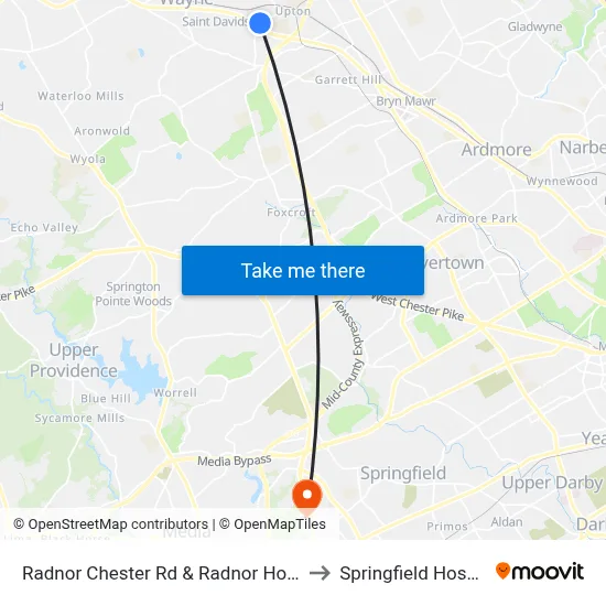 Radnor Chester Rd & Radnor Hotel Dr to Springfield Hospital map