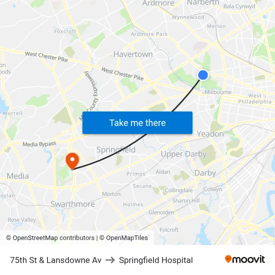 75th St & Lansdowne Av to Springfield Hospital map