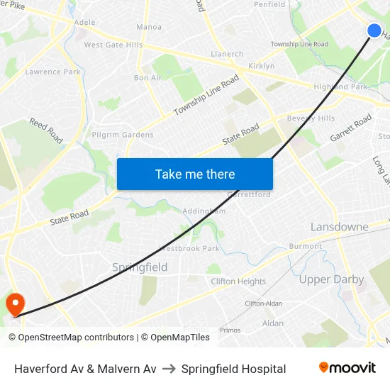 Haverford Av & Malvern Av to Springfield Hospital map