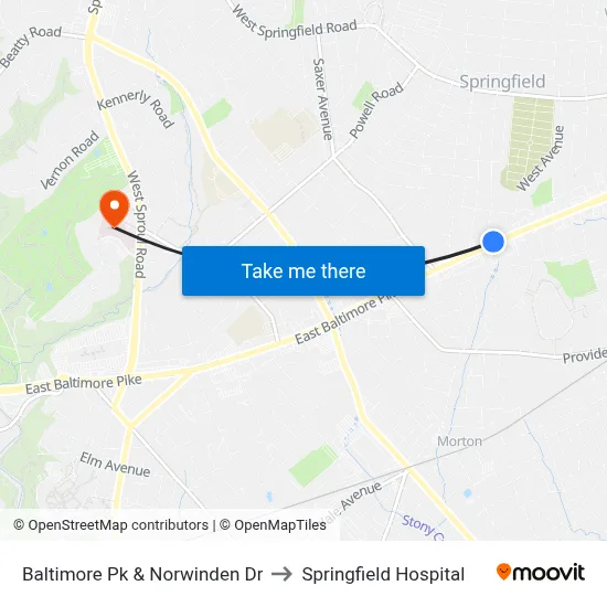 Baltimore Pk & Norwinden Dr to Springfield Hospital map