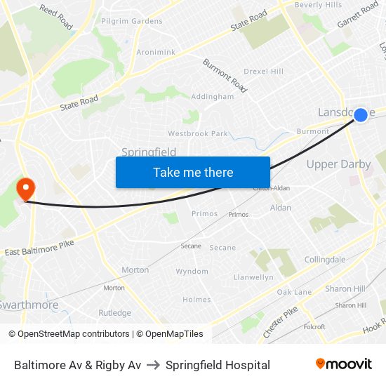 Baltimore Av & Rigby Av to Springfield Hospital map