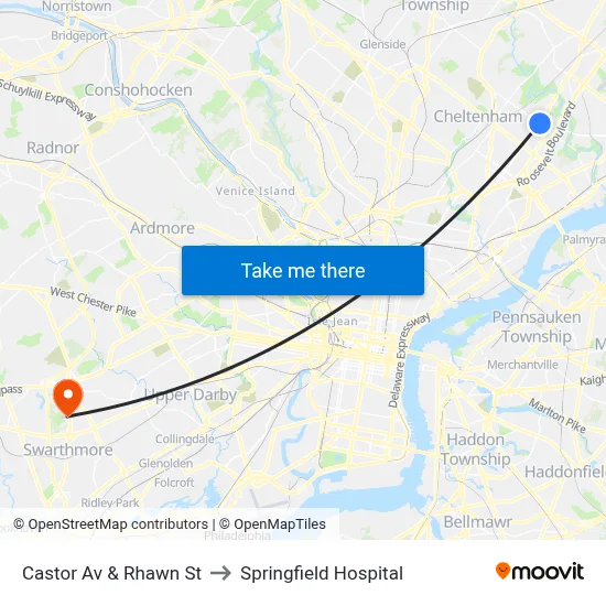 Castor Av & Rhawn St to Springfield Hospital map