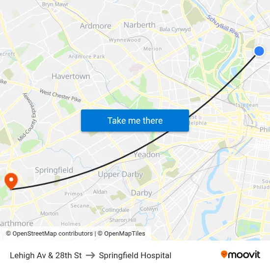 Lehigh Av & 28th St to Springfield Hospital map