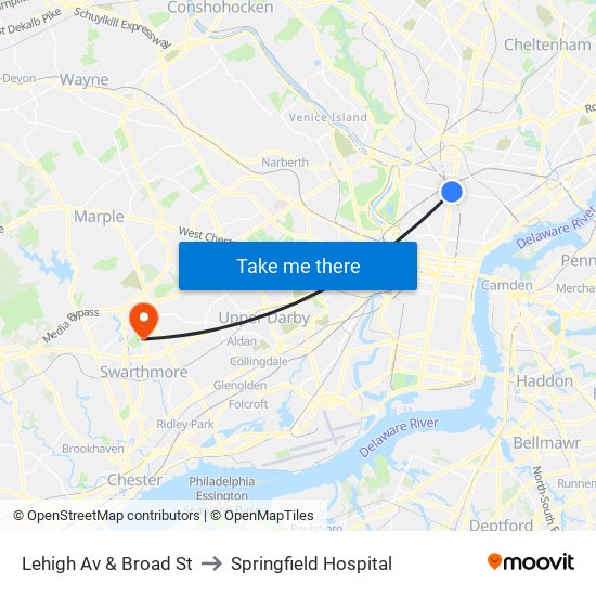 Lehigh Av & Broad St to Springfield Hospital map