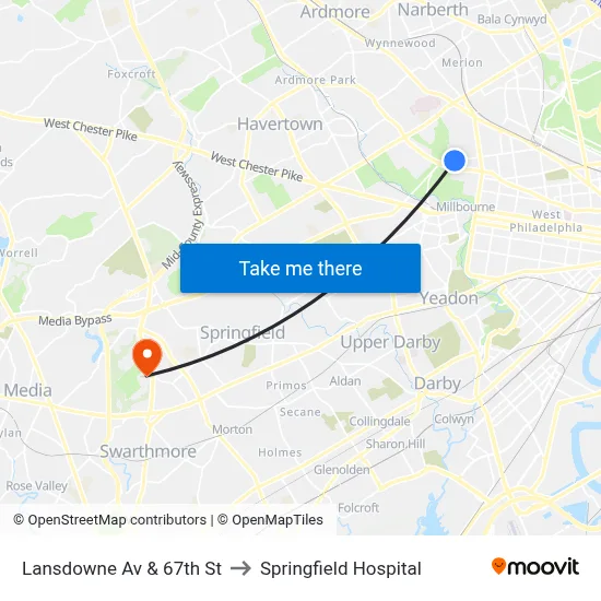 Lansdowne Av & 67th St to Springfield Hospital map