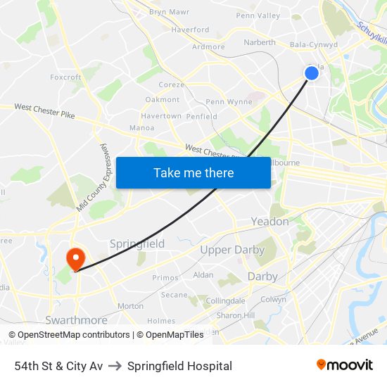 54th St & City Av to Springfield Hospital map