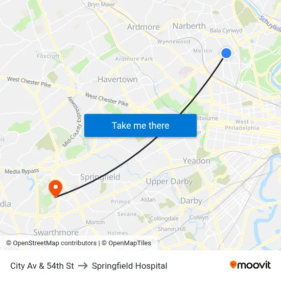 City Av & 54th St to Springfield Hospital map
