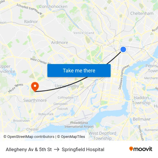 Allegheny Av & 5th St to Springfield Hospital map