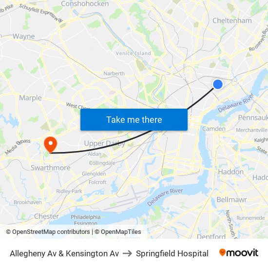 Allegheny Av & Kensington Av to Springfield Hospital map