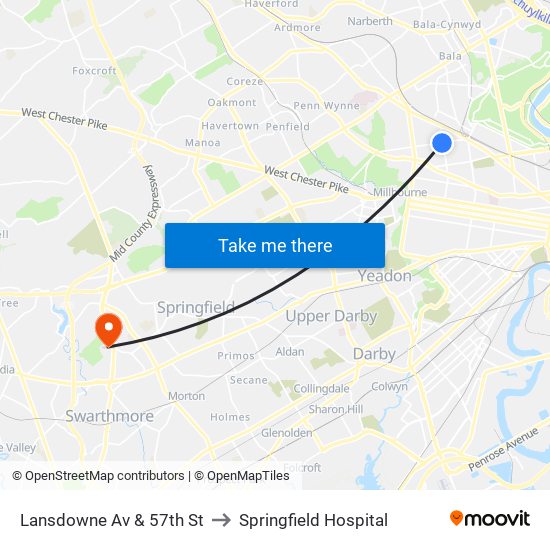 Lansdowne Av & 57th St to Springfield Hospital map