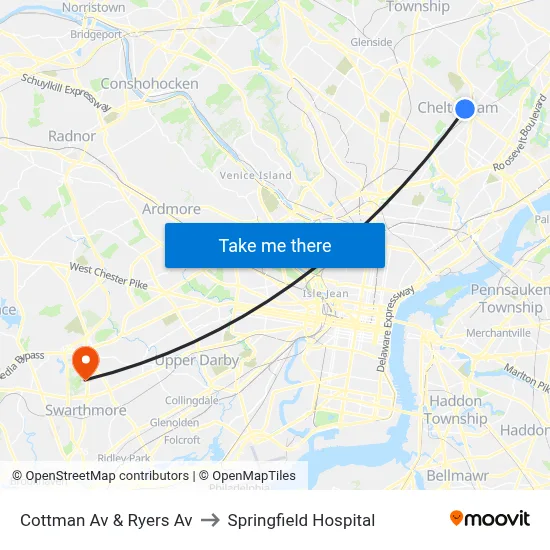 Cottman Av & Ryers Av to Springfield Hospital map