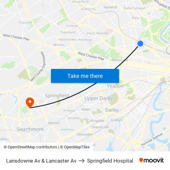 Lansdowne Av & Lancaster Av to Springfield Hospital map