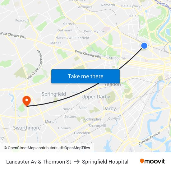 Lancaster Av & Thomson St to Springfield Hospital map