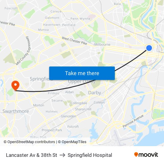 Lancaster Av & 38th St to Springfield Hospital map