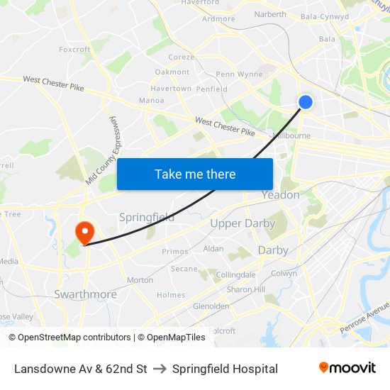 Lansdowne Av & 62nd St to Springfield Hospital map