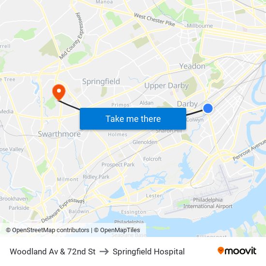 Woodland Av & 72nd St to Springfield Hospital map