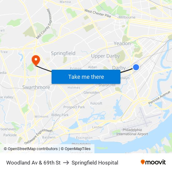 Woodland Av & 69th St to Springfield Hospital map