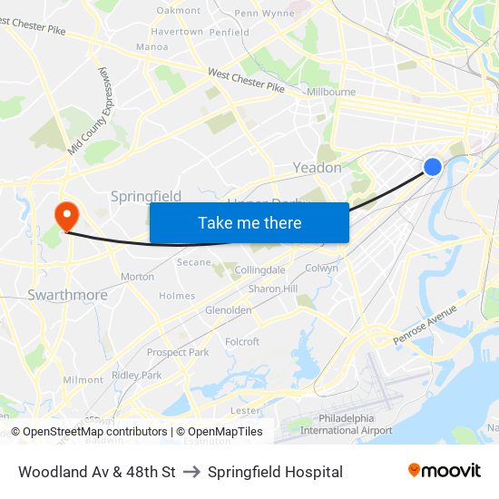 Woodland Av & 48th St to Springfield Hospital map