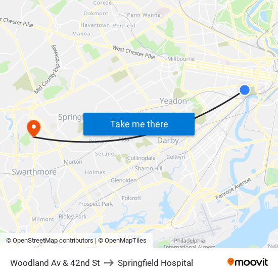 Woodland Av & 42nd St to Springfield Hospital map