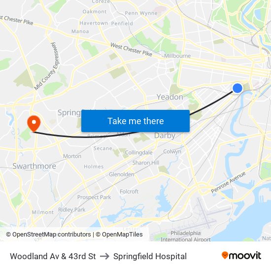 Woodland Av & 43rd St to Springfield Hospital map