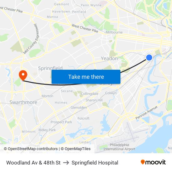 Woodland Av & 48th St to Springfield Hospital map