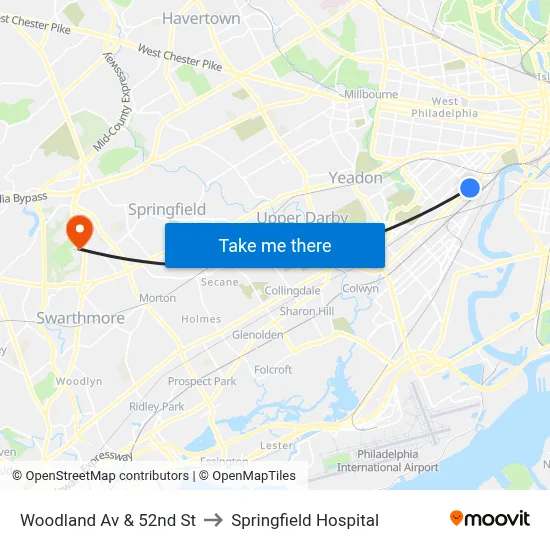 Woodland Av & 52nd St to Springfield Hospital map