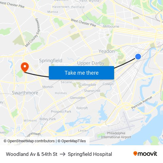 Woodland Av & 54th St to Springfield Hospital map