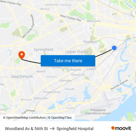 Woodland Av & 56th St to Springfield Hospital map